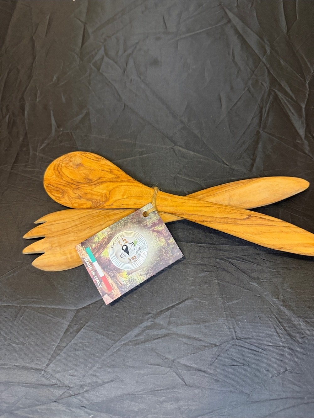 Olive Wood Salad Servers Set — Natural Brown raw edges.